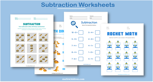 Subtraction worksheets for kindergarten. Download free subtraction sheets and learn how to take away and find the difference of numbers.